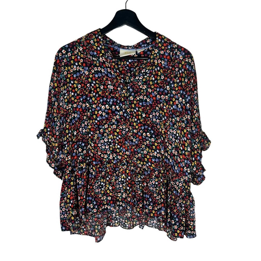 Maeve Anthropologie Black Multicolor Floral Short Sleeve Top Medium
